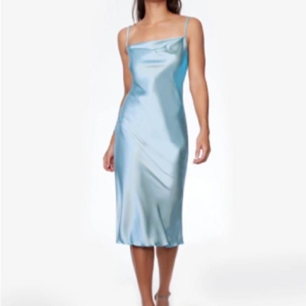 Bebe Light Blue Satin Midi Dress Adjustable Straps Size L